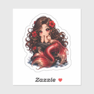 Sticker Jolie petite sirène rouge Chibi avec des fleurs d'