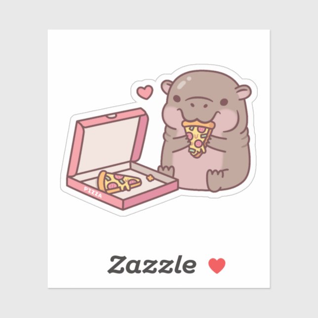 Sticker Jolie Pygmée Hippo Aime Manger Pizza (Feuille)