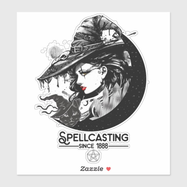Sticker Jolie sorcière et chat noir Wiccan Wicca Espellcas (Feuille)