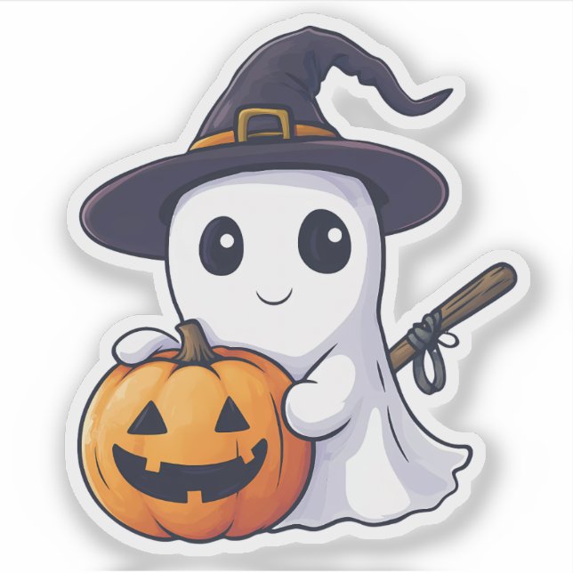 Sticker Jolie sorcière fantôme avec Jack-o-Lantern (Devant)