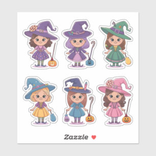 Sticker Jolies Sorcières En Cartoon Avec Feuille D'Autocol