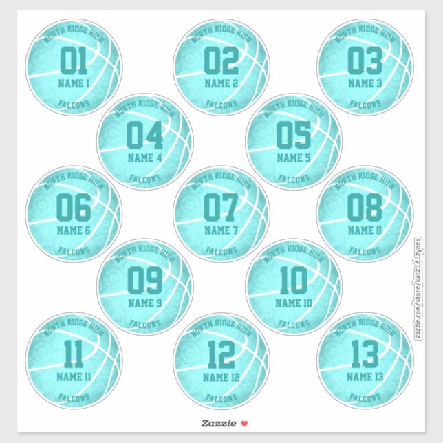 Sticker joueurs de basket turquoise noms 3 pouces autocoll (Feuille)