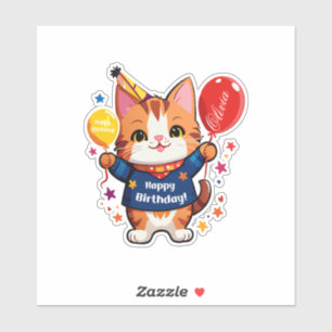 Sticker Joyeux Anniversaire Chat Au Ballon Rouge