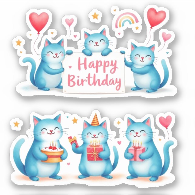 Sticker Joyeux Anniversaire - Chats Bleus - Cadeaux de Bal (Devant)