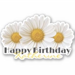 Sticker Joyeux Anniversaire Nom Jaune Marguerites Blanches