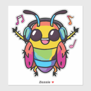 Sticker Joyeux cafard avec écouteurs écoutant de la musiqu