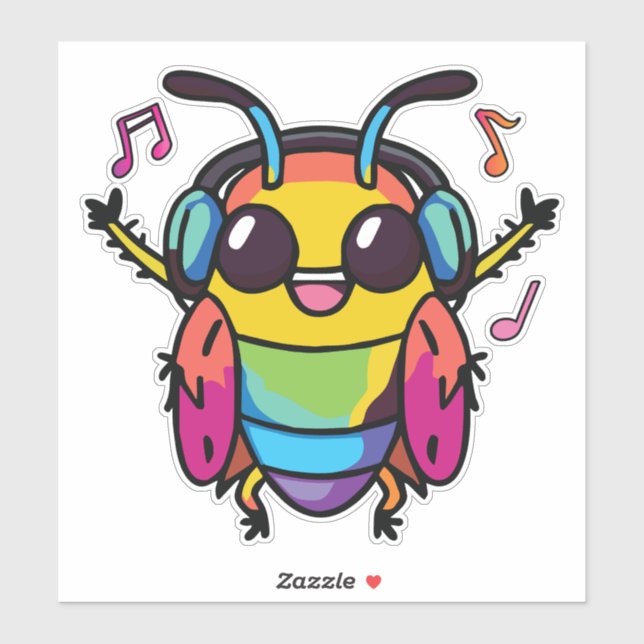 Sticker Joyeux cafard avec écouteurs écoutant de la musiqu (Feuille)
