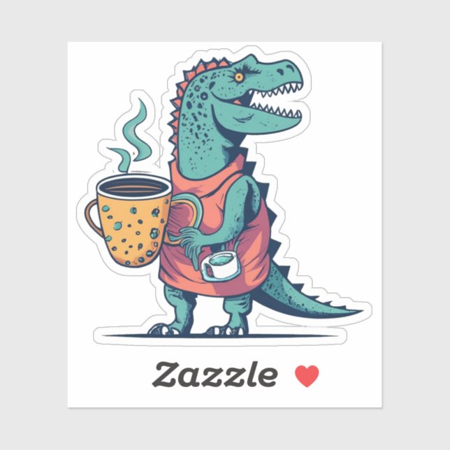 Sticker Joyeux Dinosaure tenant une coupe de café (Feuille)