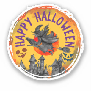 Sticker Joyeux Halloween - Sorcière Volante, Maison Éffray