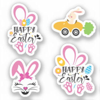 Sticker Joyeux Lapin De Pâques Cute Avec Oeufs Collection 