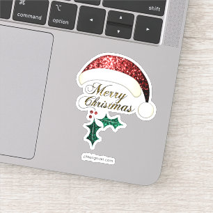 Sticker Joyeux Noël chapeau de Noël Rouge or Vert Éclats