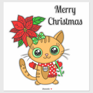 Sticker Joyeux Noël Orange Chat avec Poinsettia