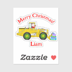 Sticker Joyeux Noël Père Noël dans un bulldozer livrant un