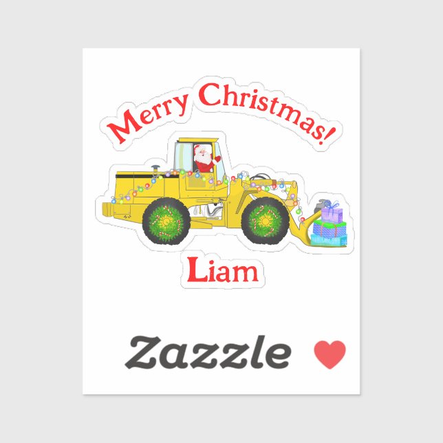 Sticker Joyeux Noël Père Noël En Bulldozer Livrant Cadeau (Feuille)