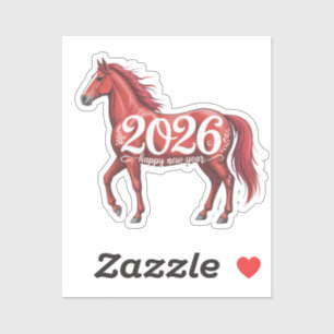Sticker Joyeux Nouvel An 2026 Illustration du Cheval Rouge