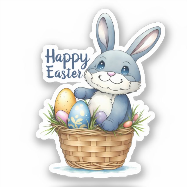 Sticker Joyeux Pâques, Lapin Dans Le Panier D'Oeufs (Recto)