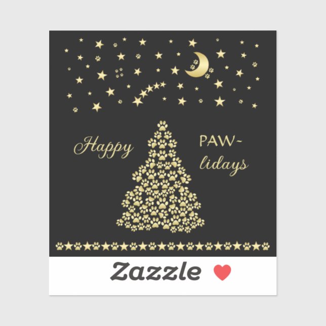Sticker Joyeux Pawlidays, Or brillant Paw sapin de Noël (Feuille)