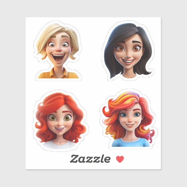 Sticker Joyeux personnage de dessin souriant Visages fémin (Feuille)