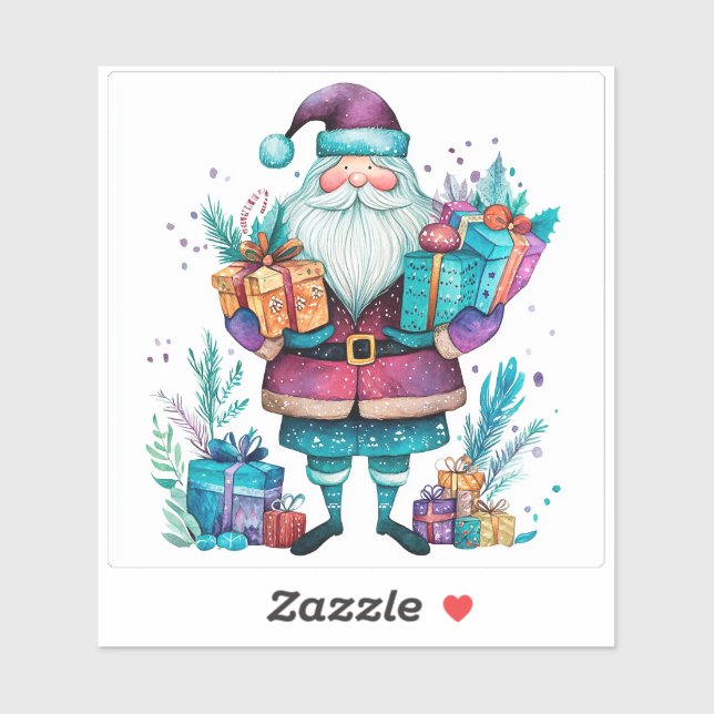Sticker Joyeux Violet Père Noël Avec Cadeaux (Feuille)