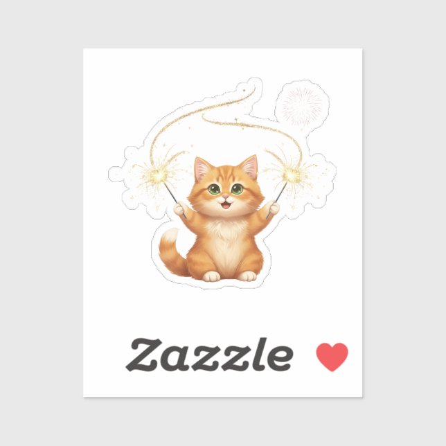 Sticker Joyful Cat Waving Sparklers New Year Party (Feuille)