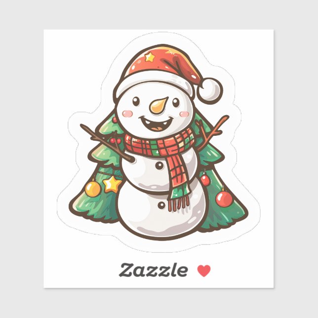 Sticker Joyful Snowman With Christmas Trees (Feuille)