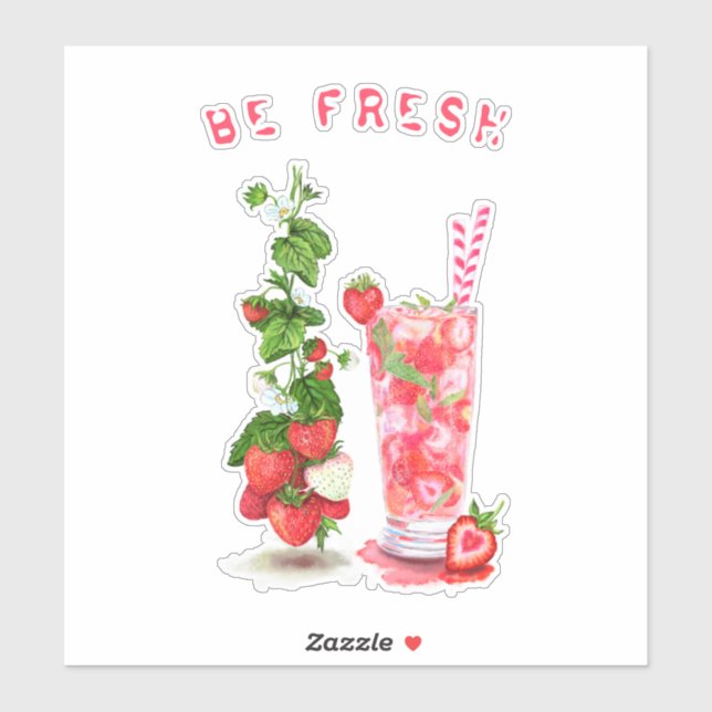 Sticker Jus de fraise frais Boisson Cool - Fruits d'été (Feuille)