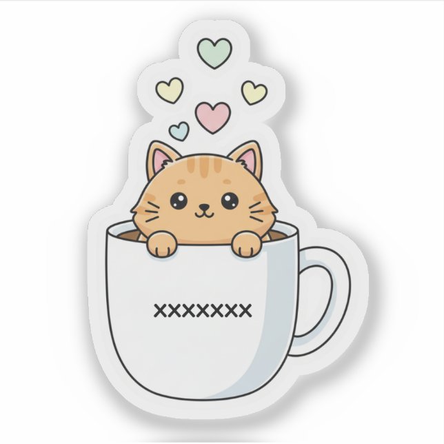Sticker Kawaii Cat & Coffee Hearts Illustration (Devant)