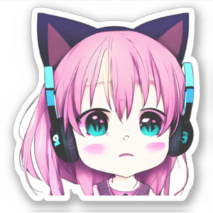 Sticker Kawaii Girl avec casque sur