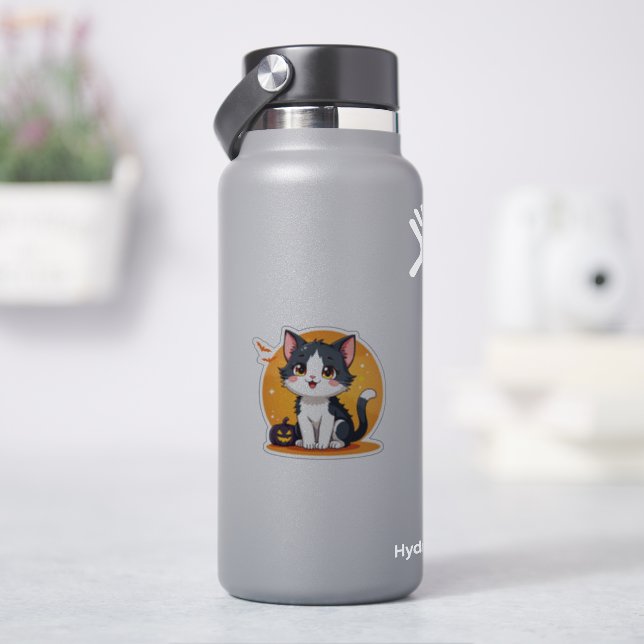 Sticker Kawaii Kitten noir et blanc - Halloween Chibi (HydroFlask)