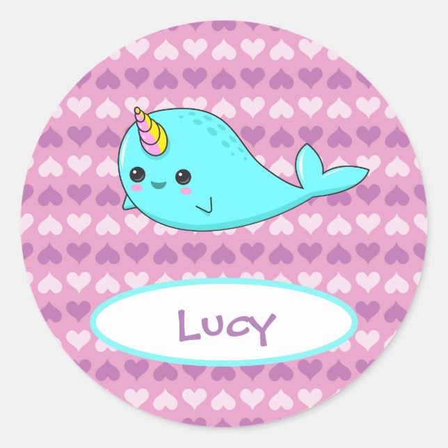 Sticker Kawaii Narwhal Purple Heart Name (Devant)