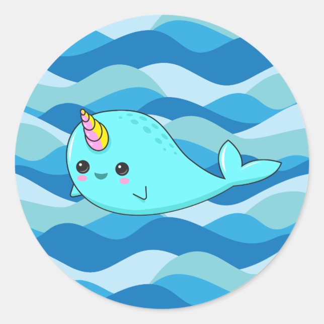 Sticker Kawaii Narwhal sur Blue Waves (Devant)