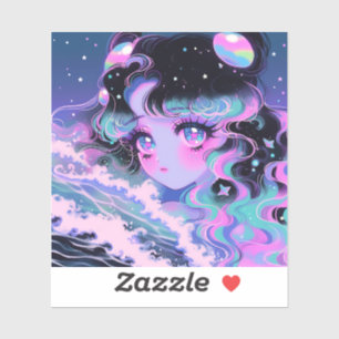 Sticker Kawaii Star-Sea Girl sous des vagues cosmiques