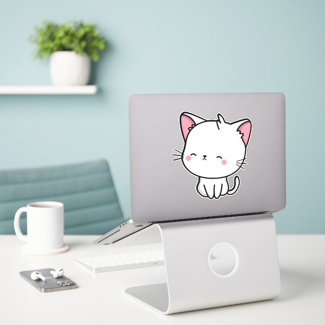 Sticker Kawaii Turc Angora Chat (Ordinateur portable sur le bureau)