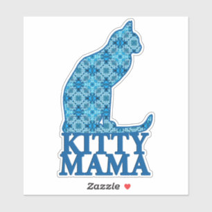 Sticker Kitty Mama assis Chat dans Denim Motif bleu