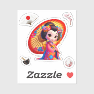 Sticker Kokeshi Doll rose et jaune avec Umblella