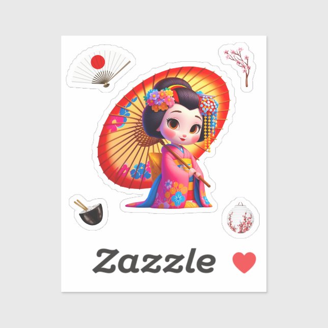 Sticker Kokeshi Doll rose et jaune avec Umblella (Feuille)