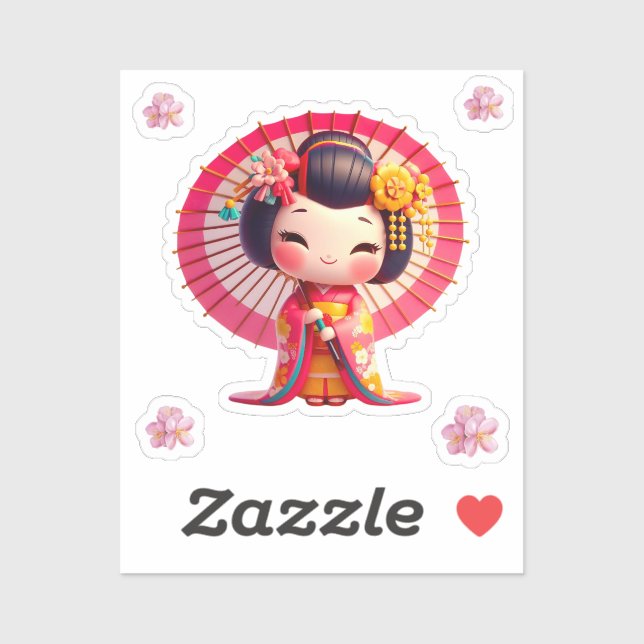 Sticker Kokeshi Doll rouge et jaune kimono avec parapluie (Feuille)