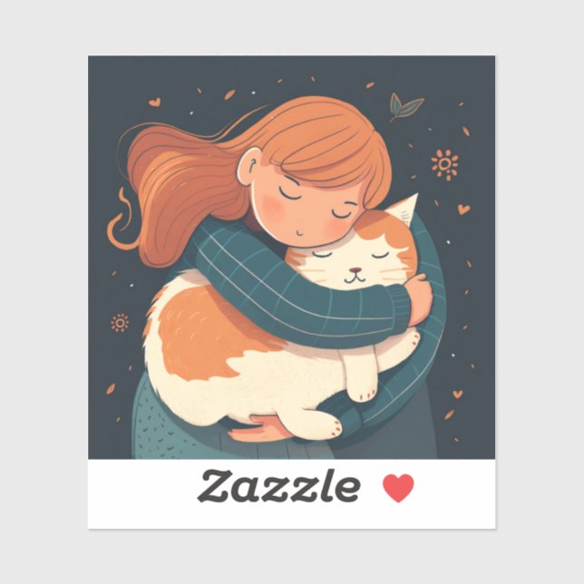 Sticker La fille embrasse le dessin animé de chat mignon.  (Feuille)