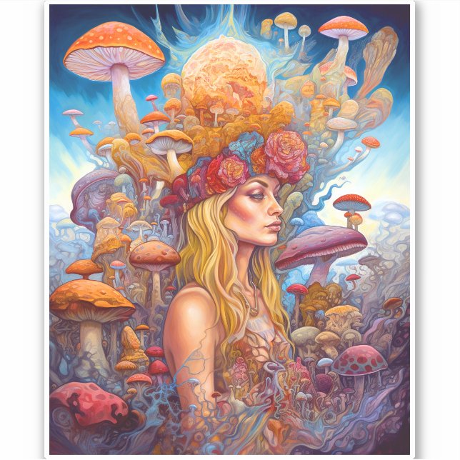 Sticker Lady Et Champignons Surreal Imaginaire Art (Devant)