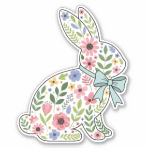 Sticker Lapin de Pâques aux fleurs sauvages roses et bleue