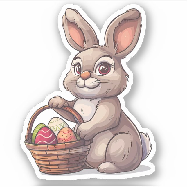 Sticker Lapin de Pâques Brown avec Panier d'oeufs peints (Devant)