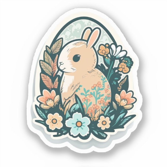Sticker Lapin de Pâques et fleurs de printemps (Recto)