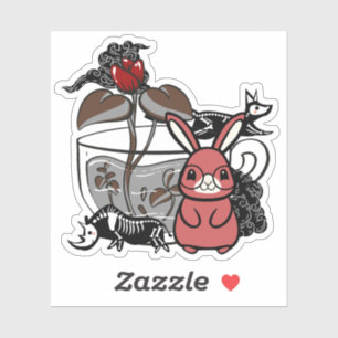 Sticker Lapin Rouge Foncé et Tasse de Thé Mystique