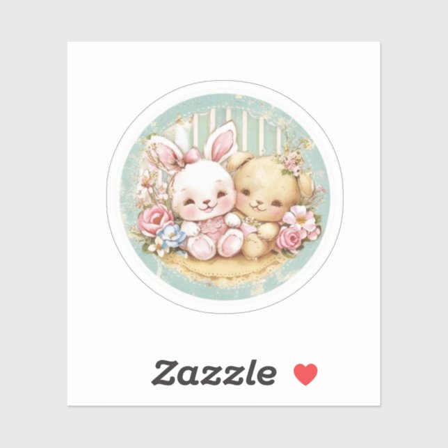 Sticker lapin vintage et ours (Feuille)
