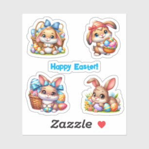 Sticker Lapins de Pâques bruns avec des œufs colorés
