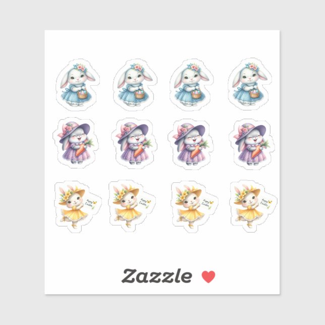 Sticker Lapins De Pâques En Jolies Robes (Feuille)