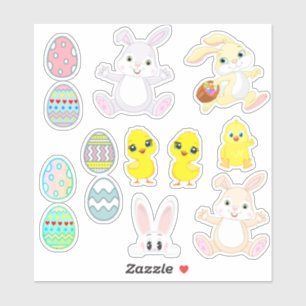 Sticker Lapins, poussins et œufs de Pâques drôles et chanc