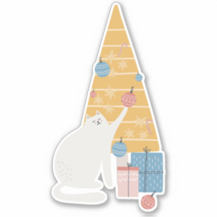 Sticker Le chat blanc joue avec l'arbre de Noël