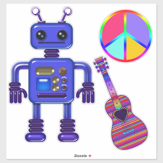 Sticker Lecteur guitare Bleu Robot et signe de paix (Feuille)