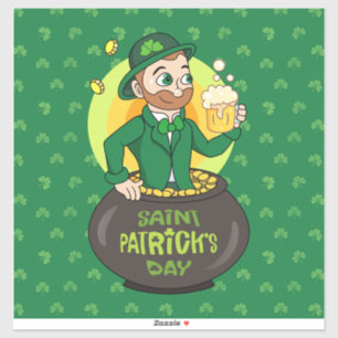 Sticker Leprechaun de dessin dans une casserole d'or tenan